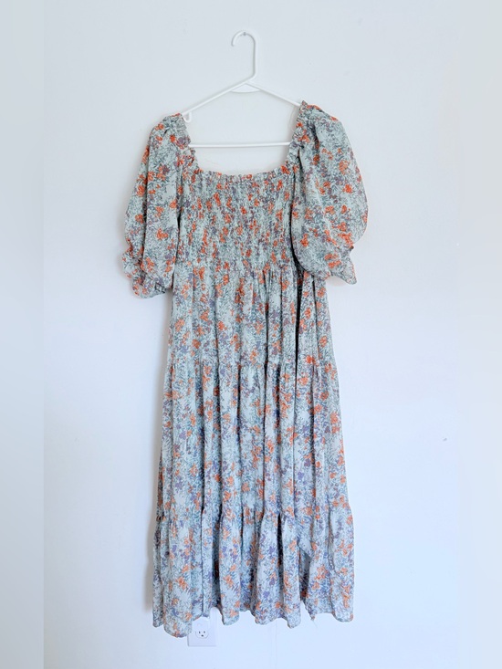 &merci Dresses & Skirts - Floral Smocked Maxi Dress with Puff Sleeves - Light Blue and Orange
